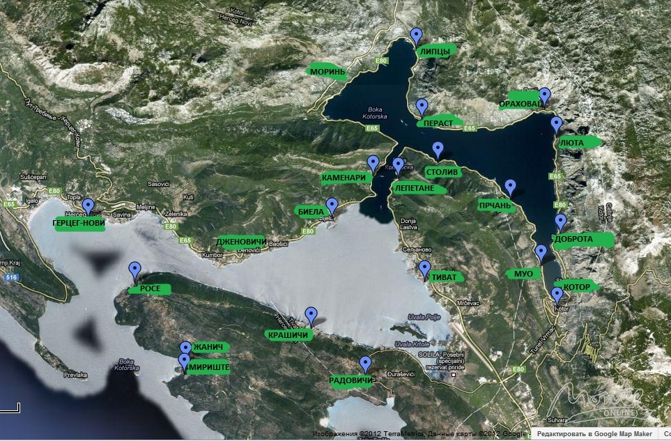 Карта Бока-которского залива, Черногория