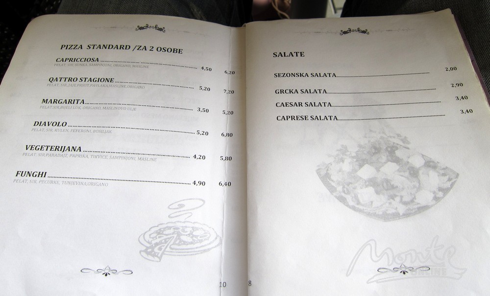 Меню: пицца и салаты, Cafe del Mare, Доброта, Черногория